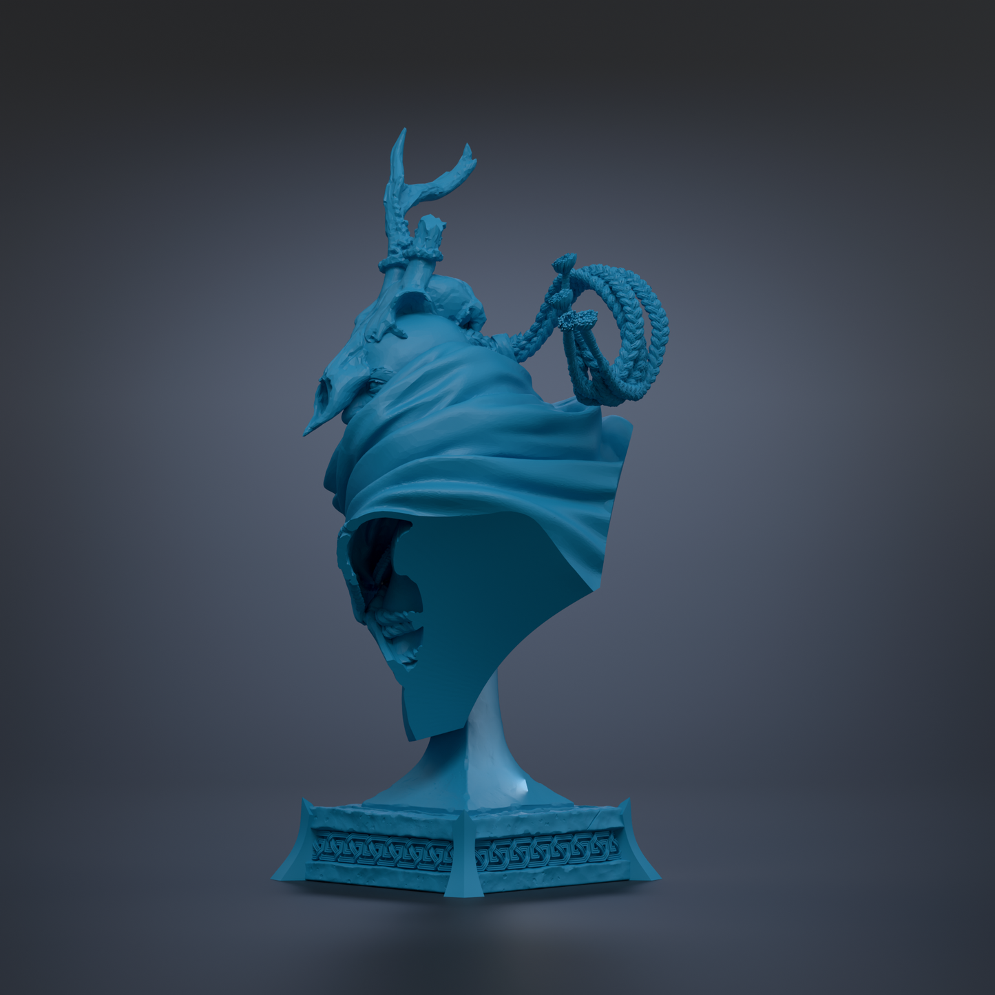 A blue, 3D-rendered statue of a figure with a skull-like headpiece and a long, curved object on top.