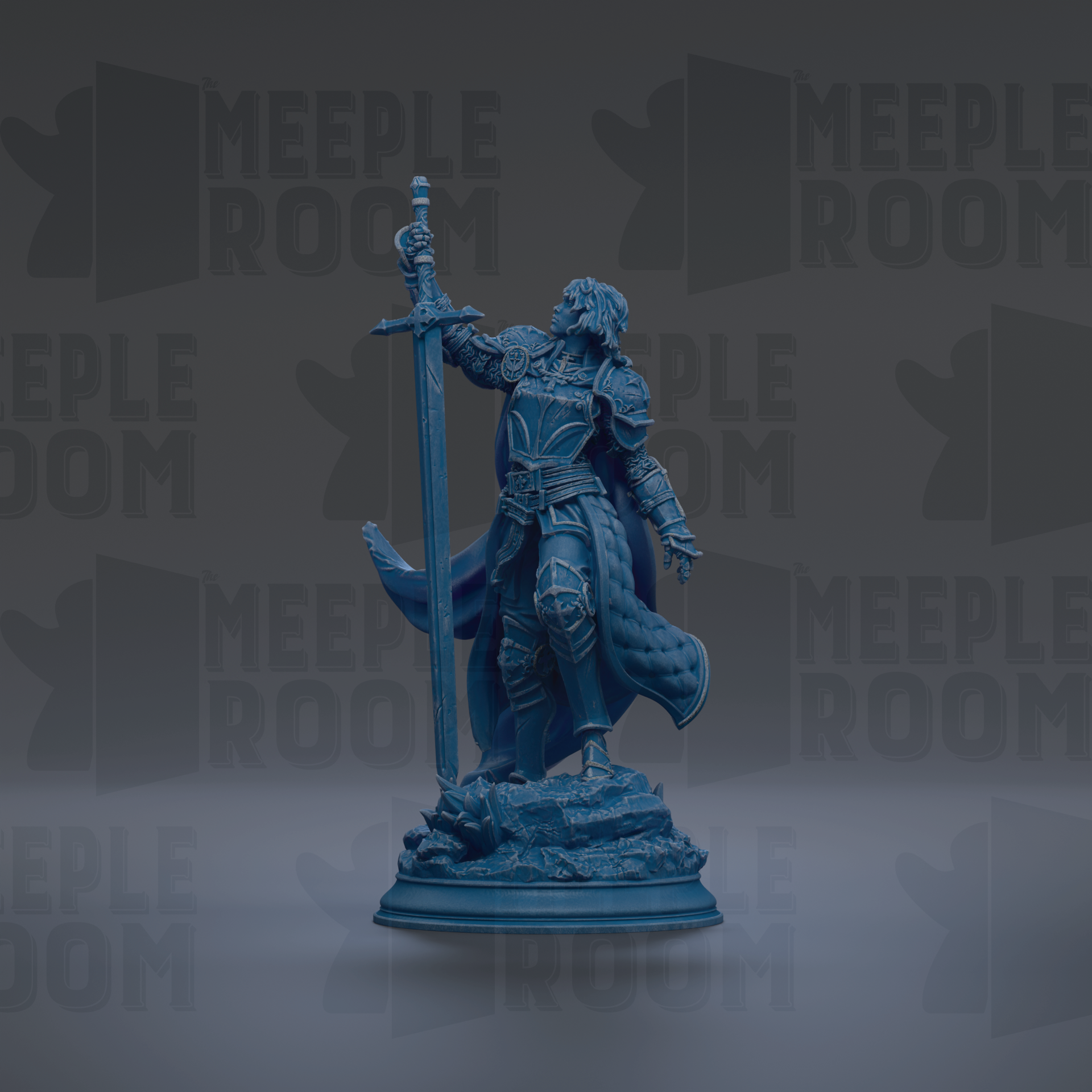 A blue statue of a knight holding a sword and shield, standing on a pedestal.