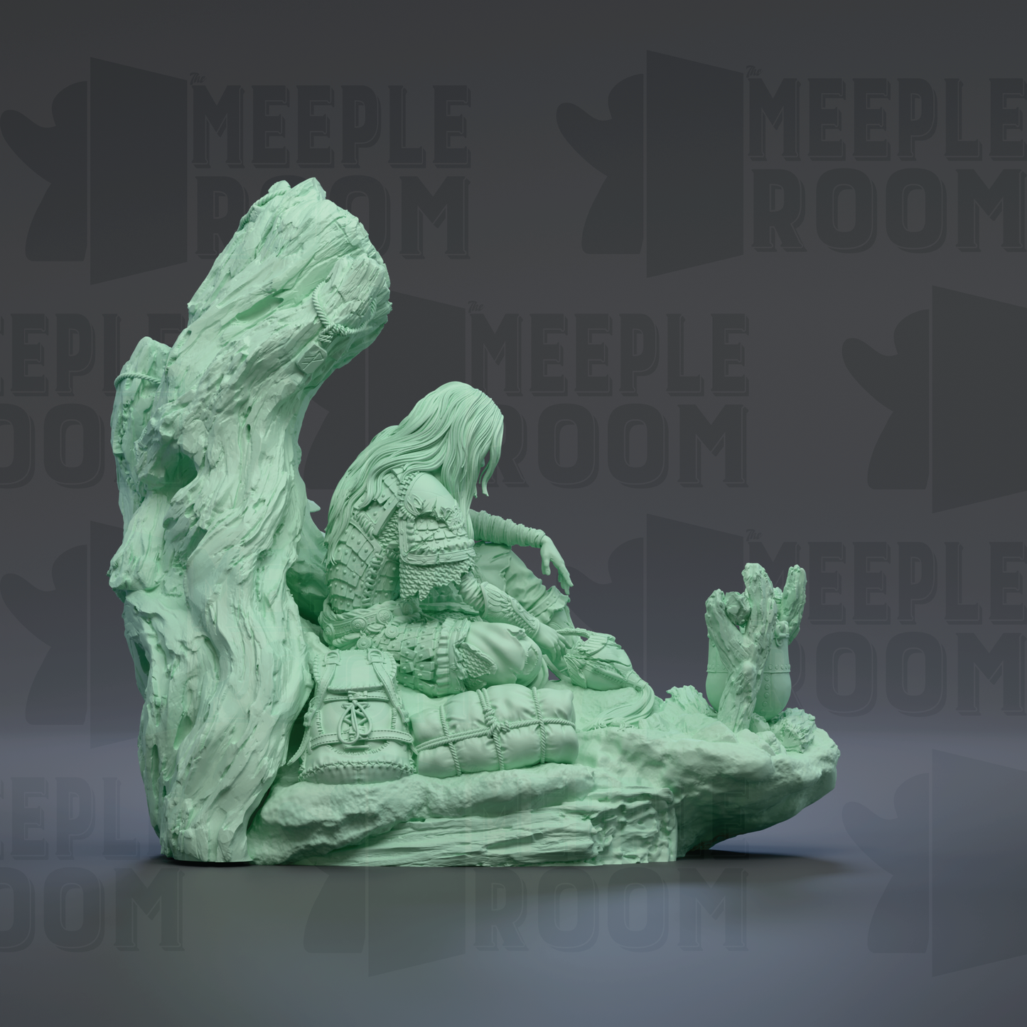 A green, 3D-rendered statue of a person sitting on a rock, with the word "MEIPLROOM" repeated in the background.