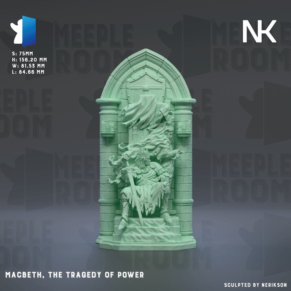 The image is a 3D model of a statue of Macbeth, the famous play by William Shakespeare. The statue depicts Macbeth, the biblical king of Scotland, who is shown in a dramatic pose, with his sword raised and his hands clasped in front of him. The statue is set against a dark background, which contrasts with the light green color of the statue. The image is described as a "collage of multiple images" and "sculpted by NERIKSON", indicating that it is a professionally crafted piece of art.