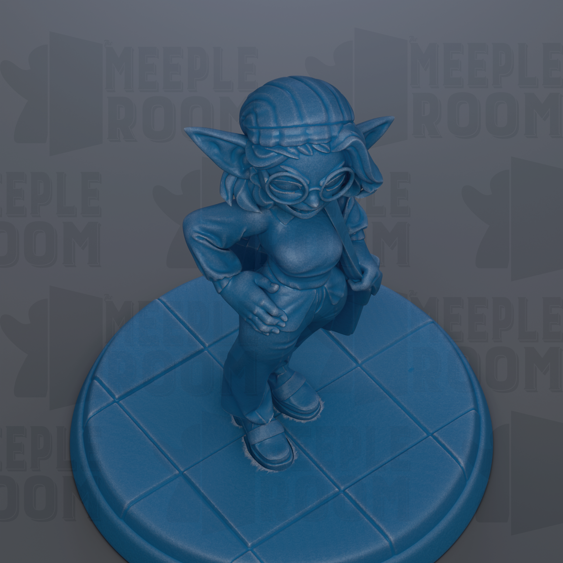 A blue figurine of a person standing on a blue platform.