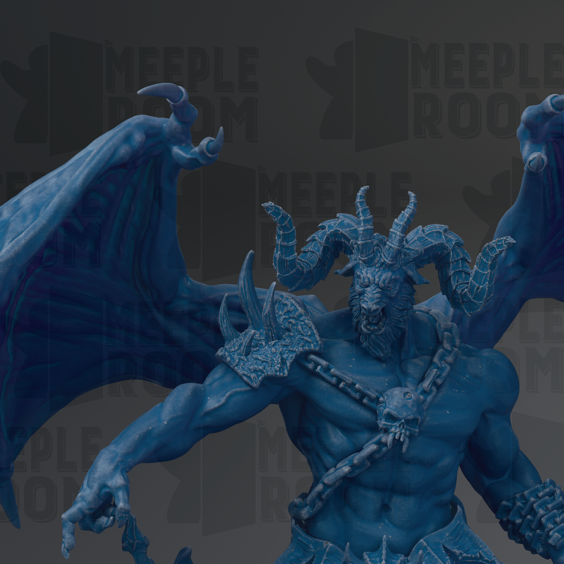A detailed 3D rendering of a blue, winged, horned creature with a fierce expression, possibly a mythical or fantastical creature.