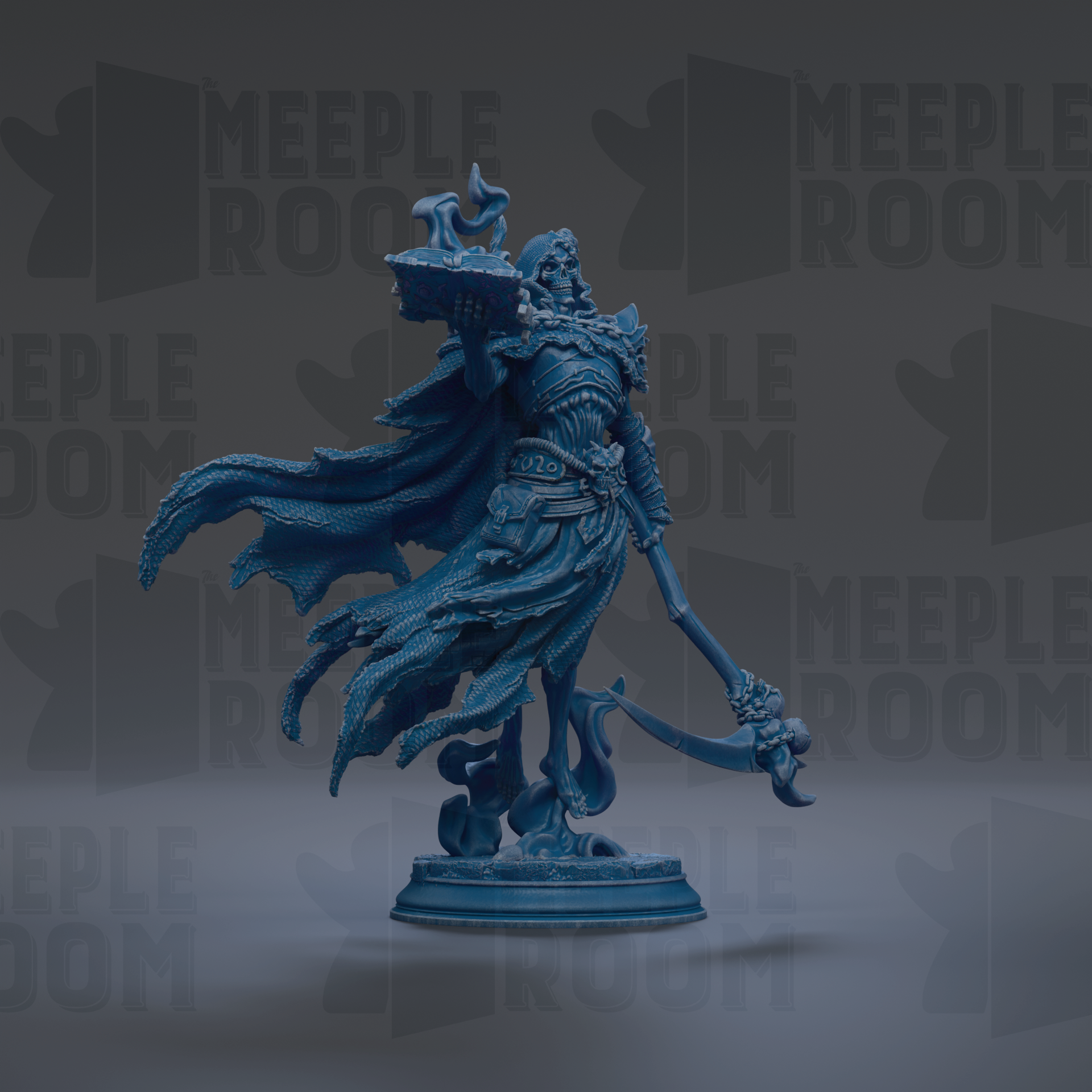 A blue, detailed figurine of a warrior figure with a sword and shield, standing on a pedestal against a dark background with repeated text.