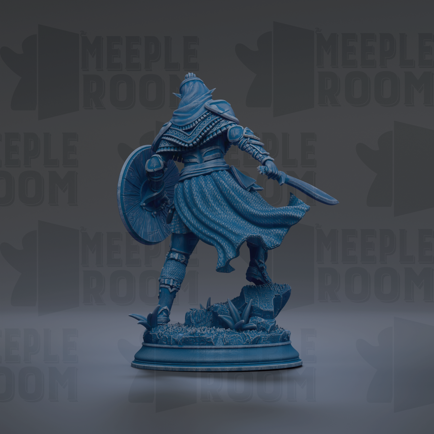 A blue statue of a warrior figure, holding a shield and sword, standing on a base against a dark background with repeated text.