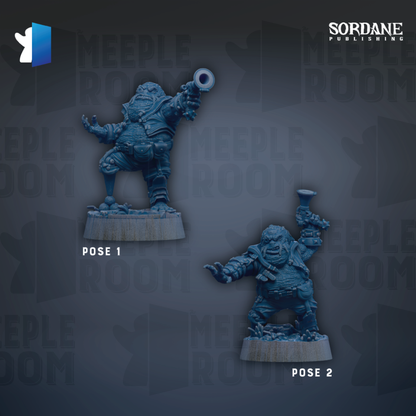 two blue figurines, each with a unique pose, set against a dark background with repeated text.