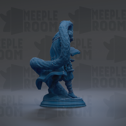 A blue statue of a person sitting on a pedestal against a dark background with repeated text.