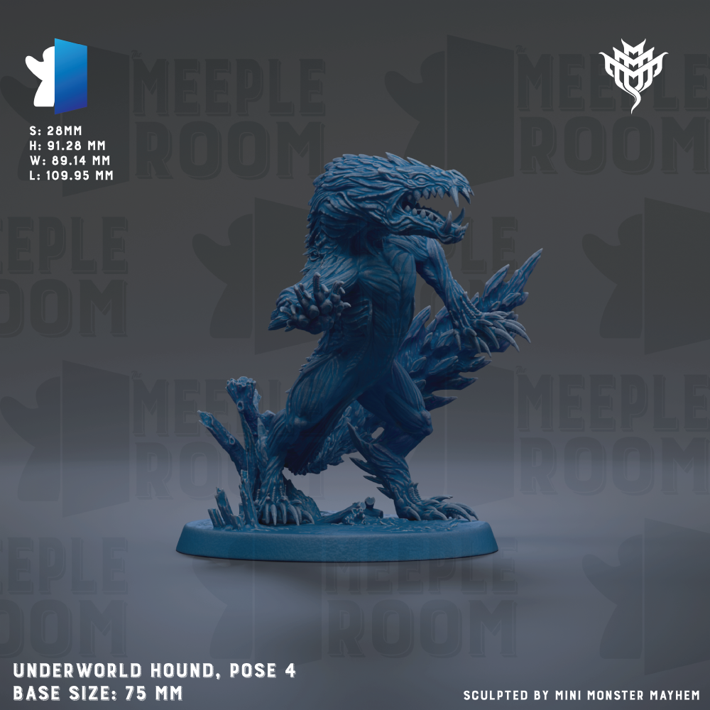 a blue, 3D-rendered depiction of a mythical creature resembling a mythical beast or dragon, with sharp teeth and claws, standing on a base. The creature is posed in a dynamic, fighting stance, and the background is a dark, moody color. The image is described as a "MEIPLE ROOM" and "UNDERWORLD HOUND, POSE 4", suggesting it is a detailed and intricate representation of a fantastical creature. The base size is 75 millimeters, and the image is described as "Sculpted by Mini Monster Mayhem".