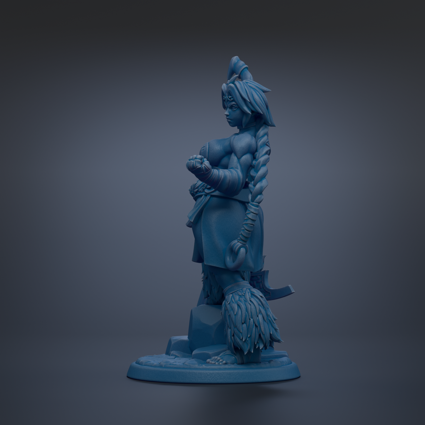 A blue figurine of a woman with long braided hair and a crown-like headdress, standing on a base and holding a weapon.
