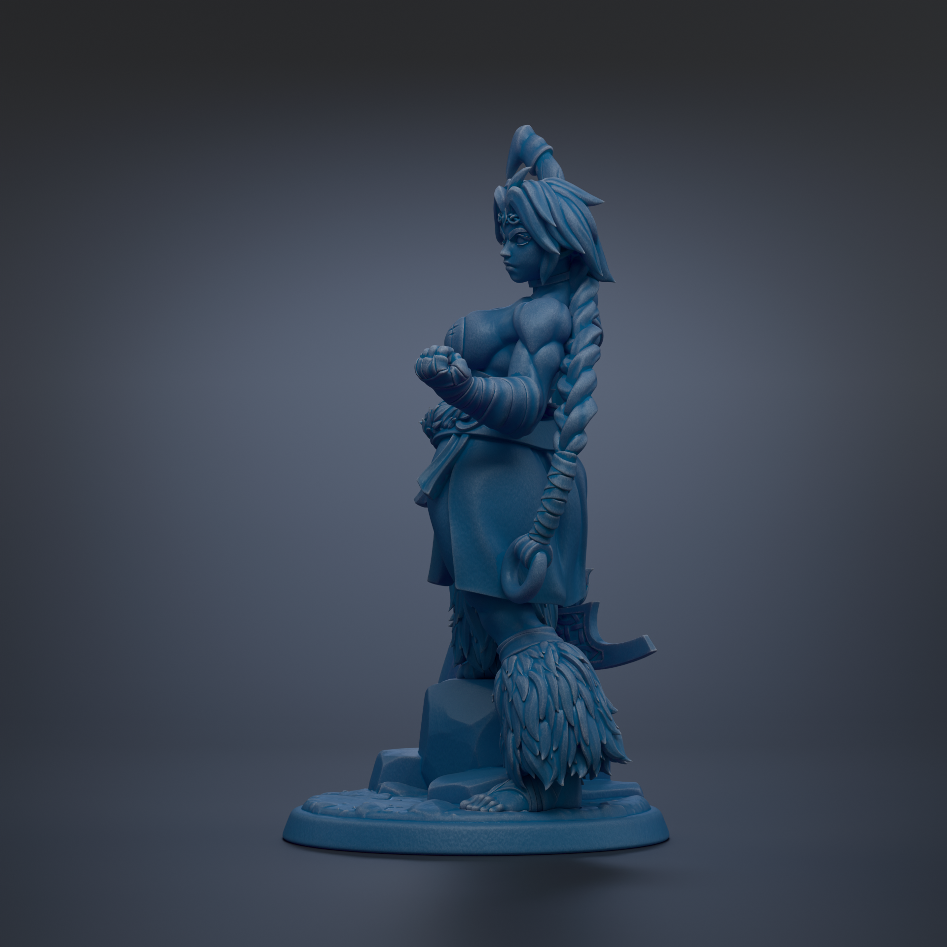 A blue figurine of a woman with long braided hair and a crown-like headdress, standing on a base and holding a weapon.