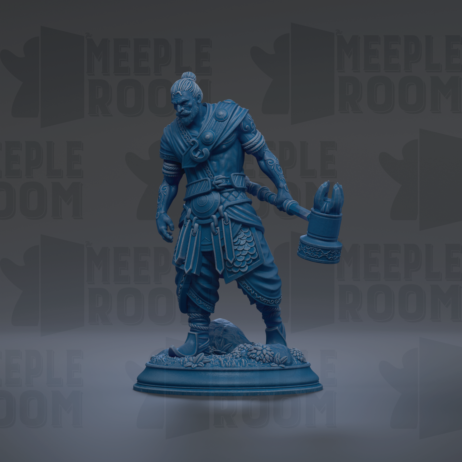 A blue statue of a warrior figure holding a weapon, standing on a base with a decorative design.