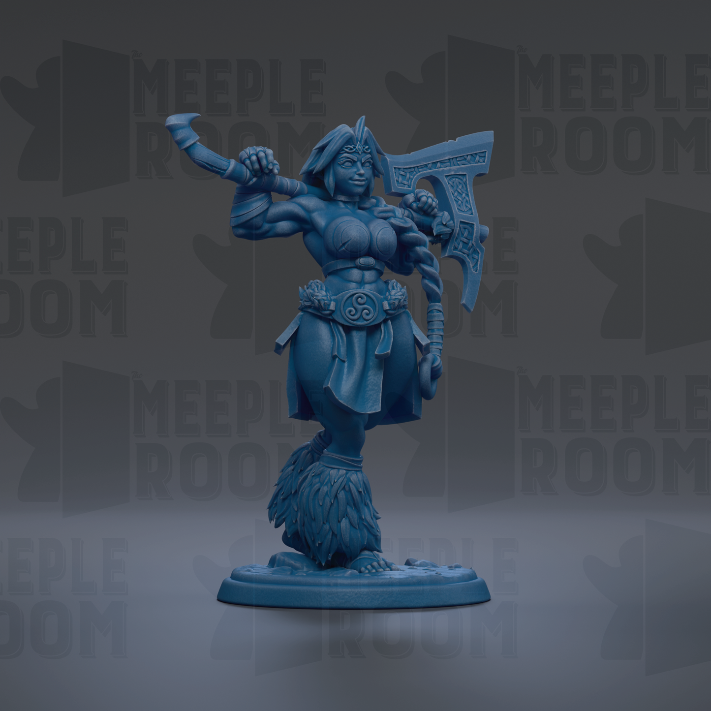 A blue figurine of a warrior standing in a fighting stance, holding a large weapon.