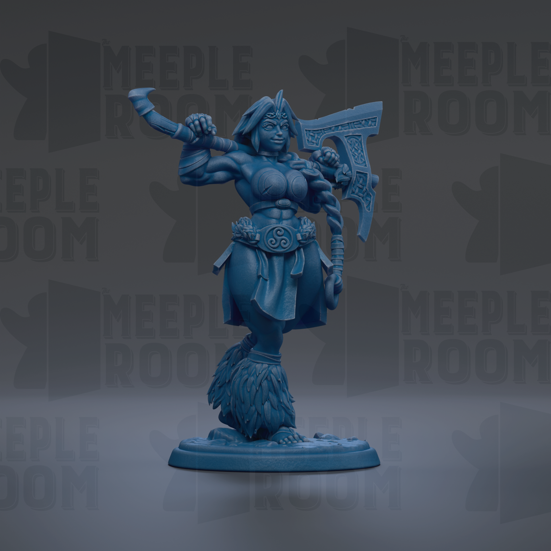A blue figurine of a warrior standing in a fighting stance, holding a large weapon.