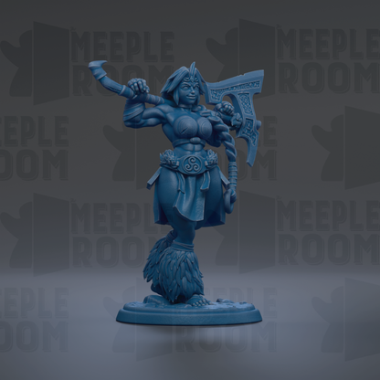 A blue figurine of a warrior standing in a fighting stance, holding a large weapon.