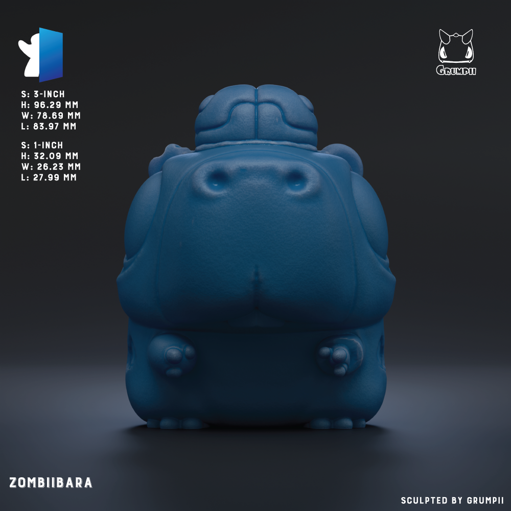 A 3D rendering of a blue, cartoonish-looking creature resembling a frog or turtle, with a textured surface and a small head.