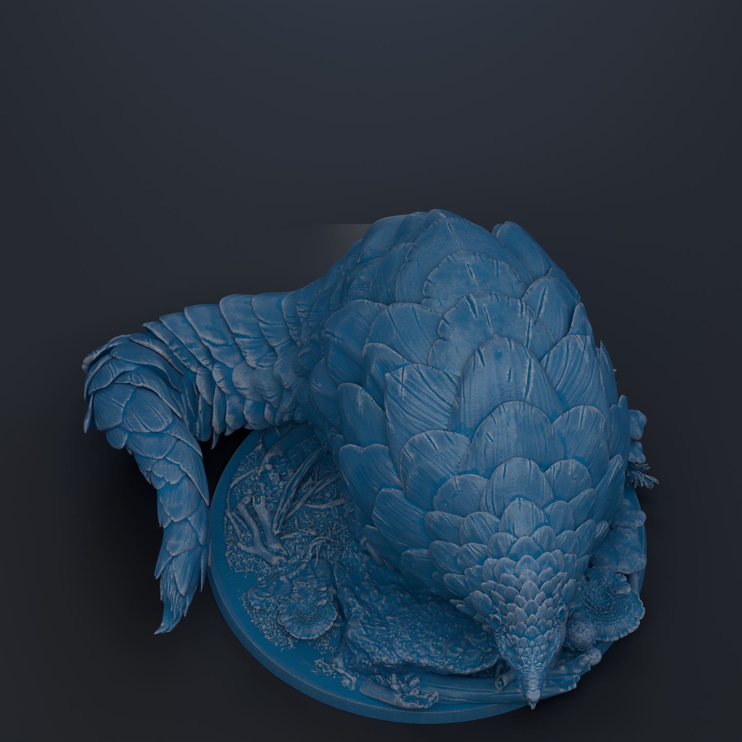 A detailed 3D rendering of a pangolin, a type of scaly mammal, with its distinctive scales and curled tail visible.