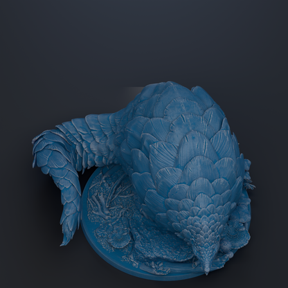 A detailed 3D rendering of a pangolin, a type of scaly mammal, with its distinctive scales and curled tail visible.