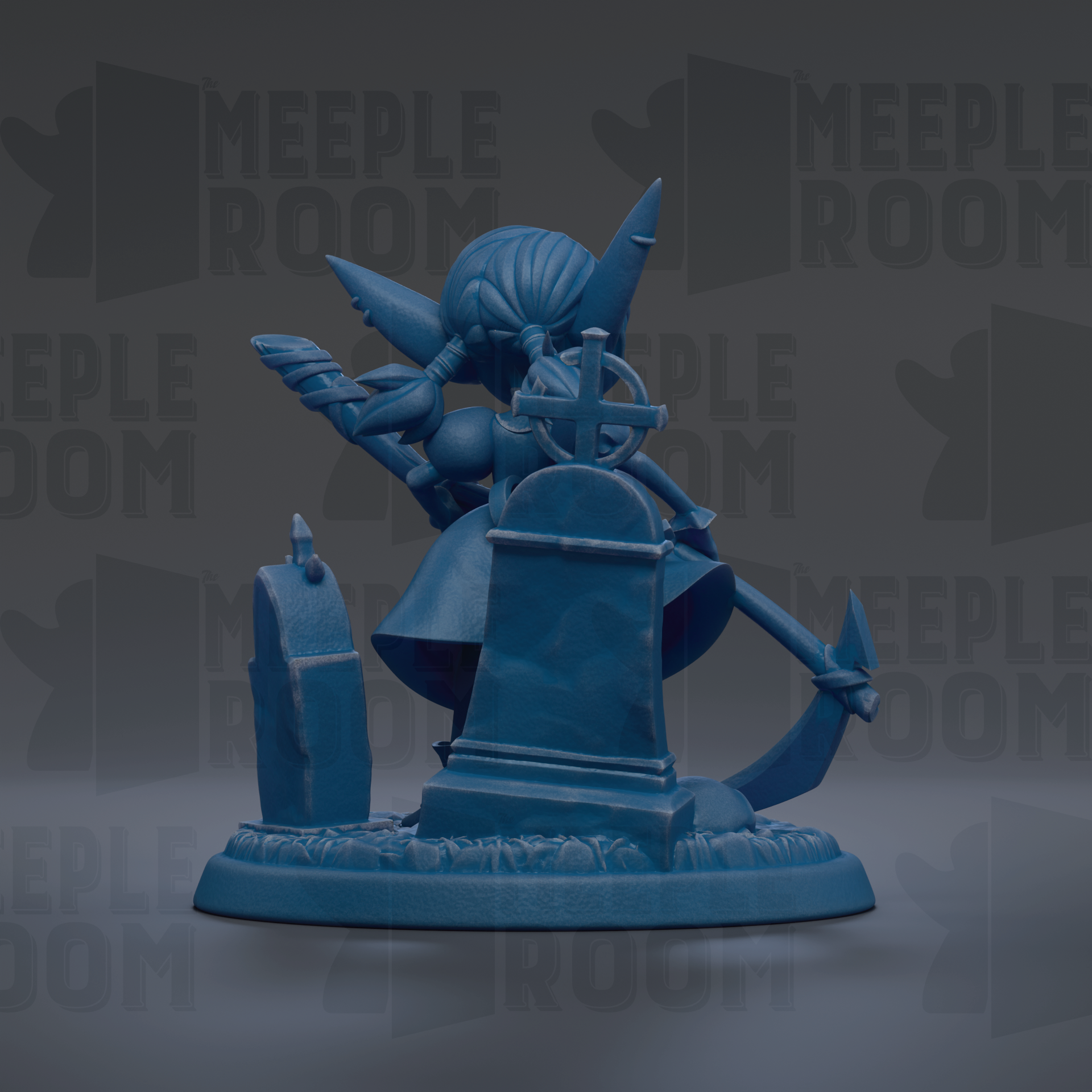 A blue figurine of a character with wings and a cross, standing on a pedestal with a cross on top, against a dark background with repeated text.