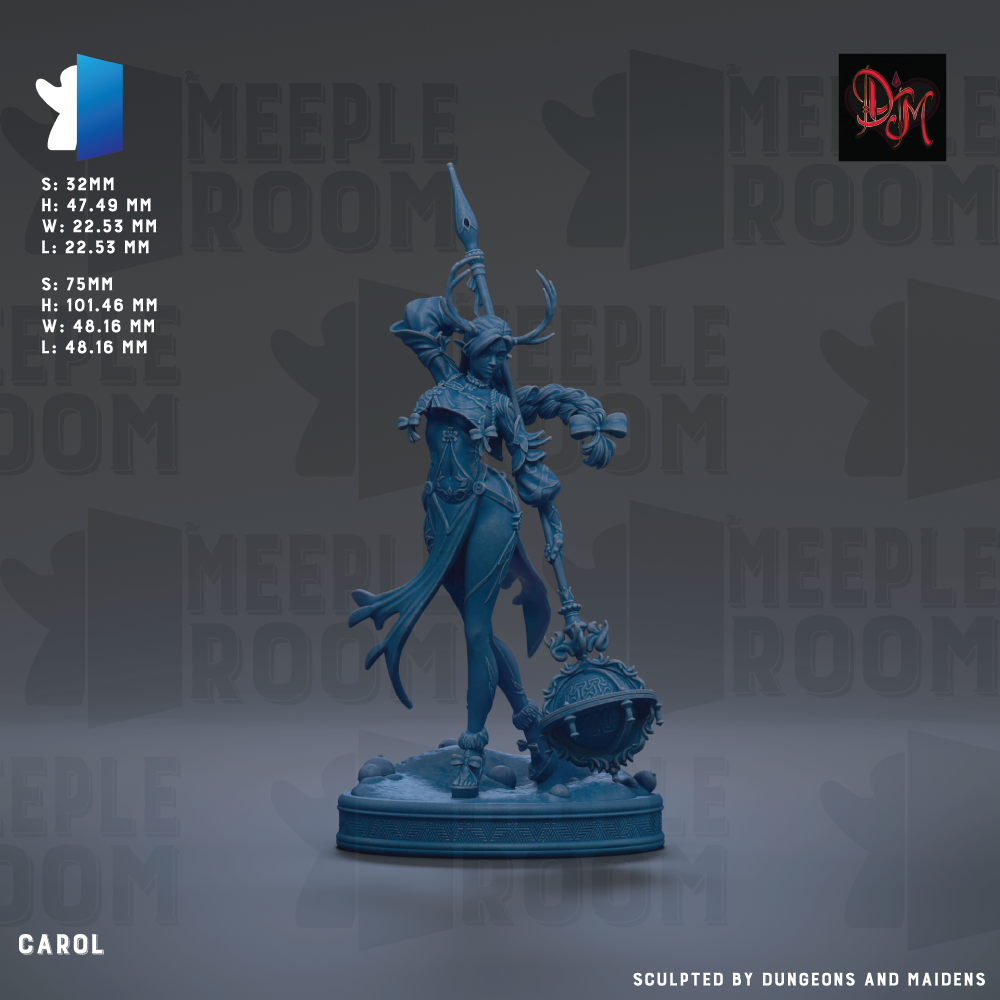 a statue of a woman with a large weapon, possibly a sword or spear, and a large bag or pouch. The statue is set against a dark background with the text "MEEPLE ROOM" repeated multiple times. The statue is described as "CAROL" and "SULPTED BY DUNGEONS AND MAIDENS".