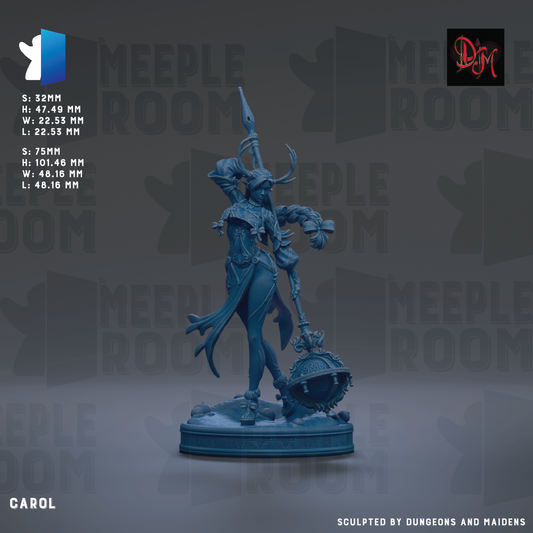 a statue of a woman with a large weapon, possibly a sword or spear, and a large bag or pouch. The statue is set against a dark background with the text "MEEPLE ROOM" repeated multiple times. The statue is described as "CAROL" and "SULPTED BY DUNGEONS AND MAIDENS".