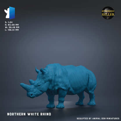 a blue rhino figurine, specifically a Northern White rhino, against a dark background.