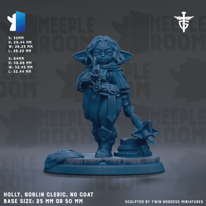 The image is a detailed 3D model of a blue elf-like character, likely a fantasy or science fiction minifigure, standing on a platform. The character is holding a weapon and has a scarf around its neck. The image is described as a "base size: 25mm or 50mm" and is "sculpted by twin goddesses miniatures".