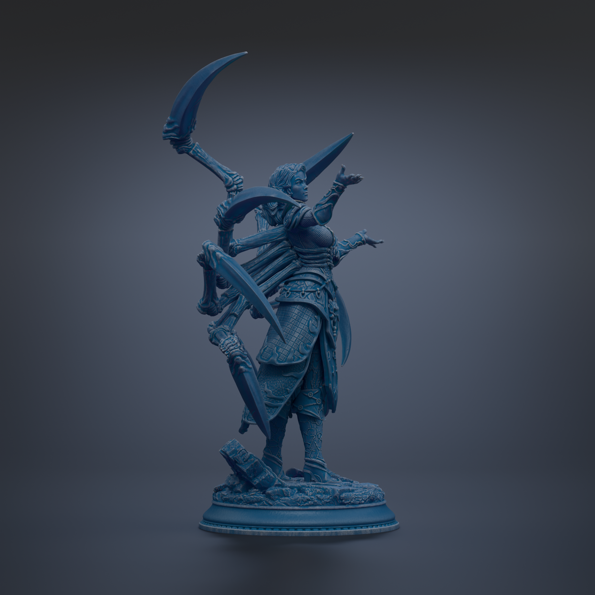 A blue statue of a female figure with multiple weapons, standing on a base and facing to the right.