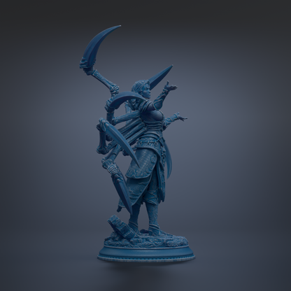 A blue statue of a female figure with multiple weapons, standing on a base and facing to the right.