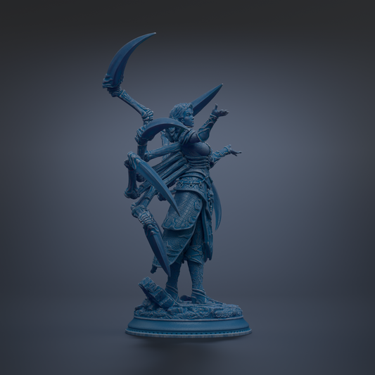 A blue statue of a female figure with multiple weapons, standing on a base and facing to the right.