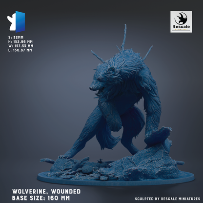 A 3D model of a wolf-like creature, possibly a wolf or a similar wild animal, with a textured, dark blue appearance. The creature is standing on a rocky surface and appears to be injured or wound. The image is described as a "Wolverine, Wounded Base Sizes: 160 MM" and is labeled as "Sculpted by Rescue Miniatures".