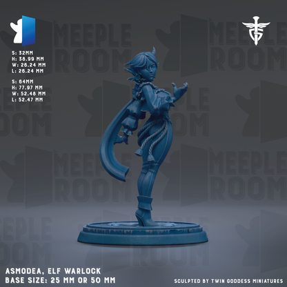 The image is a figurine of an elf-like character, specifically an elf warplock, with a blue color. The figurine is standing on a base and is described as a 25mm or 50mm base size. The background of the image is a dark gray color, and there is text and logos related to the figurine and the company.