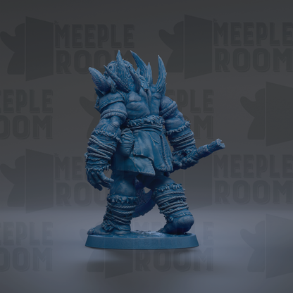 A blue figurine of a warrior-like character with spiked hair and battle-ready armor, standing in a fighting stance.