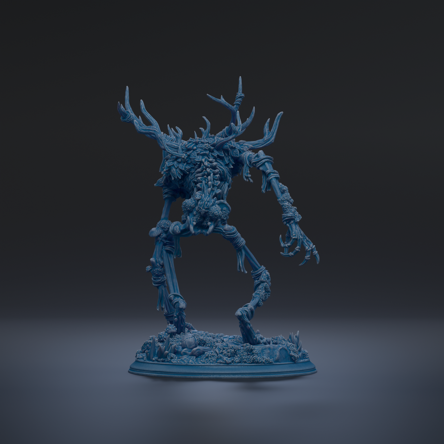 A 3D rendering of a fantastical creature with intricate, organic-looking features, such as horns, claws, and a complex body structure, set against a dark background.