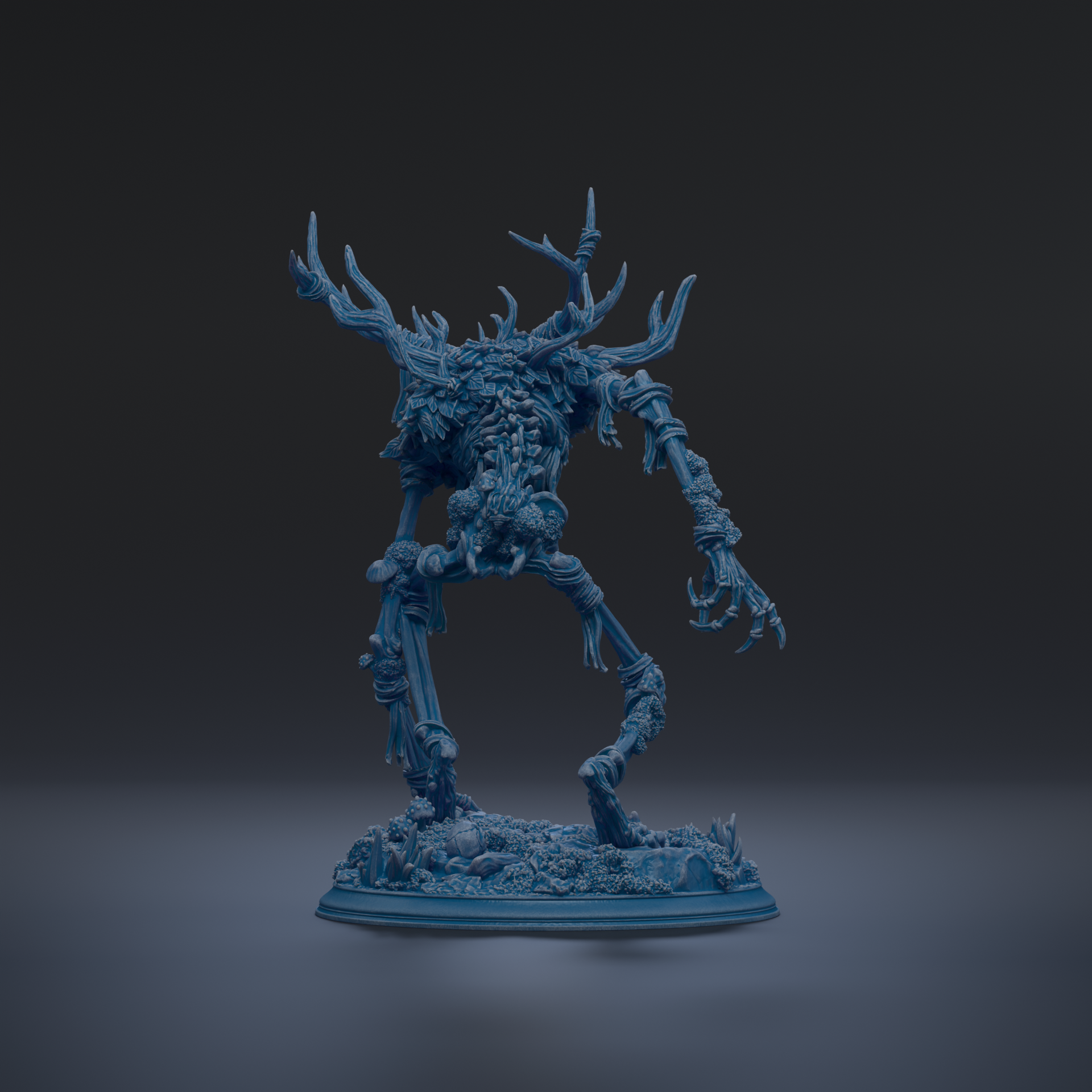 A 3D rendering of a fantastical creature with intricate, organic-looking features, such as horns, claws, and a complex body structure, set against a dark background.