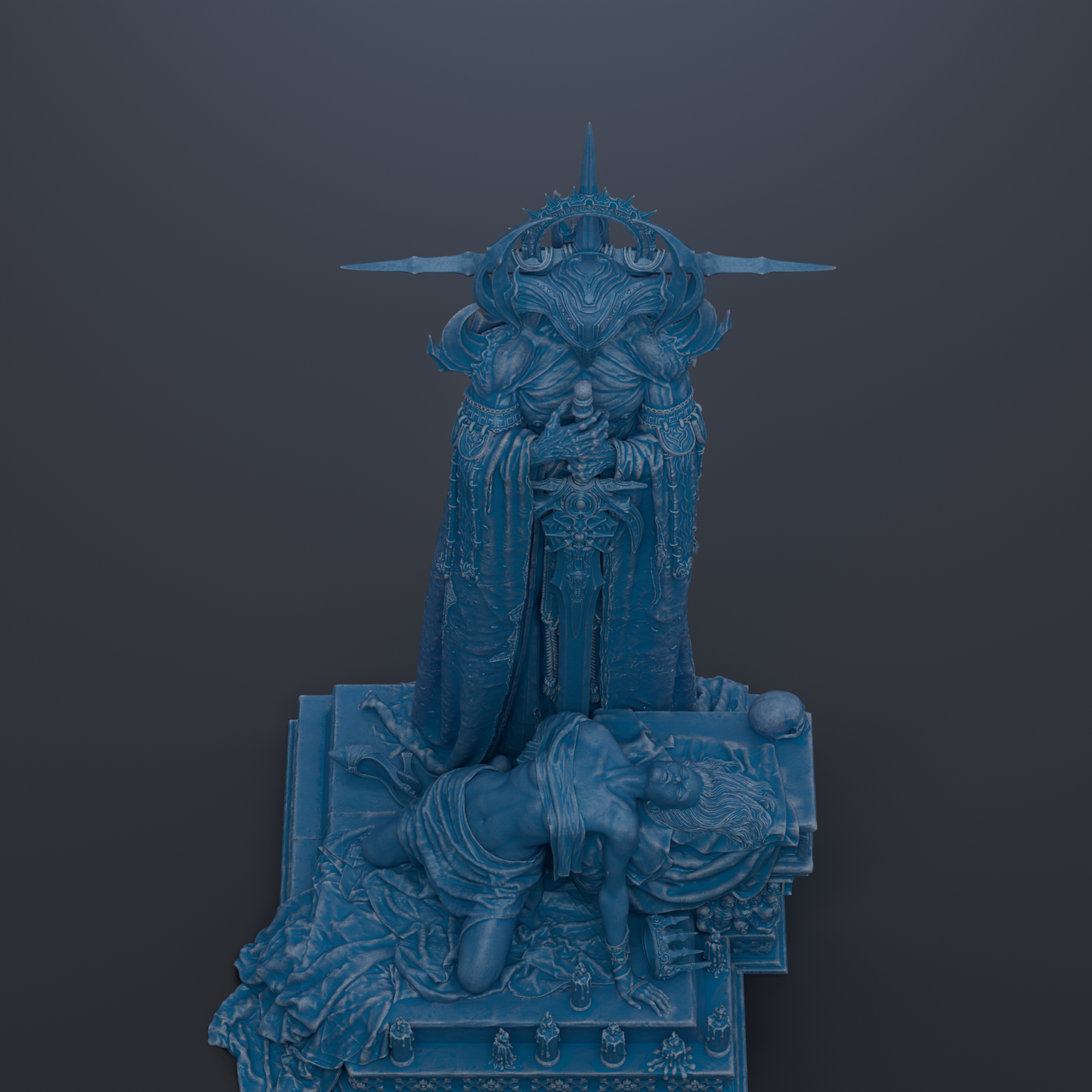 A dark, moody image featuring a large, ornate statue of a figure with a crown and a sword, standing on a pedestal.