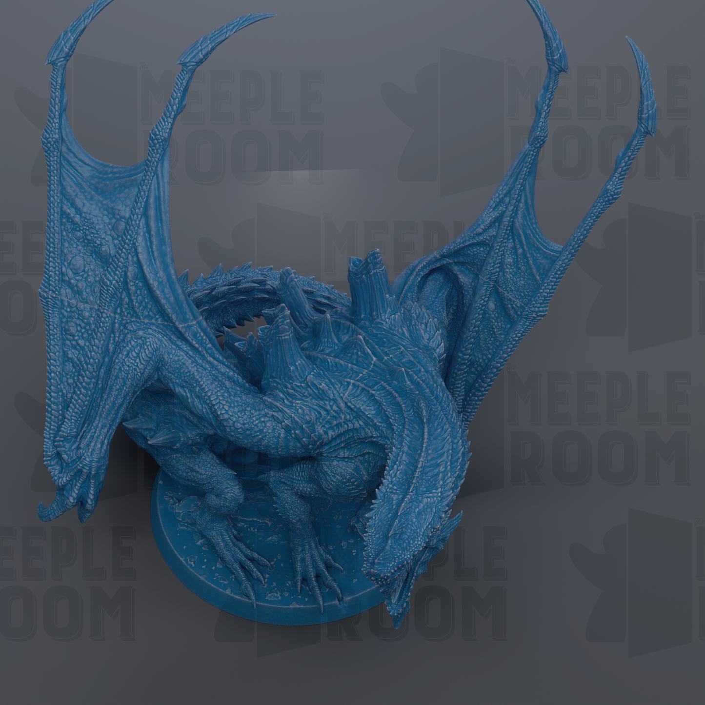 A detailed 3D rendering of a blue dragon statue, with intricate scales and wings, set against a dark background.