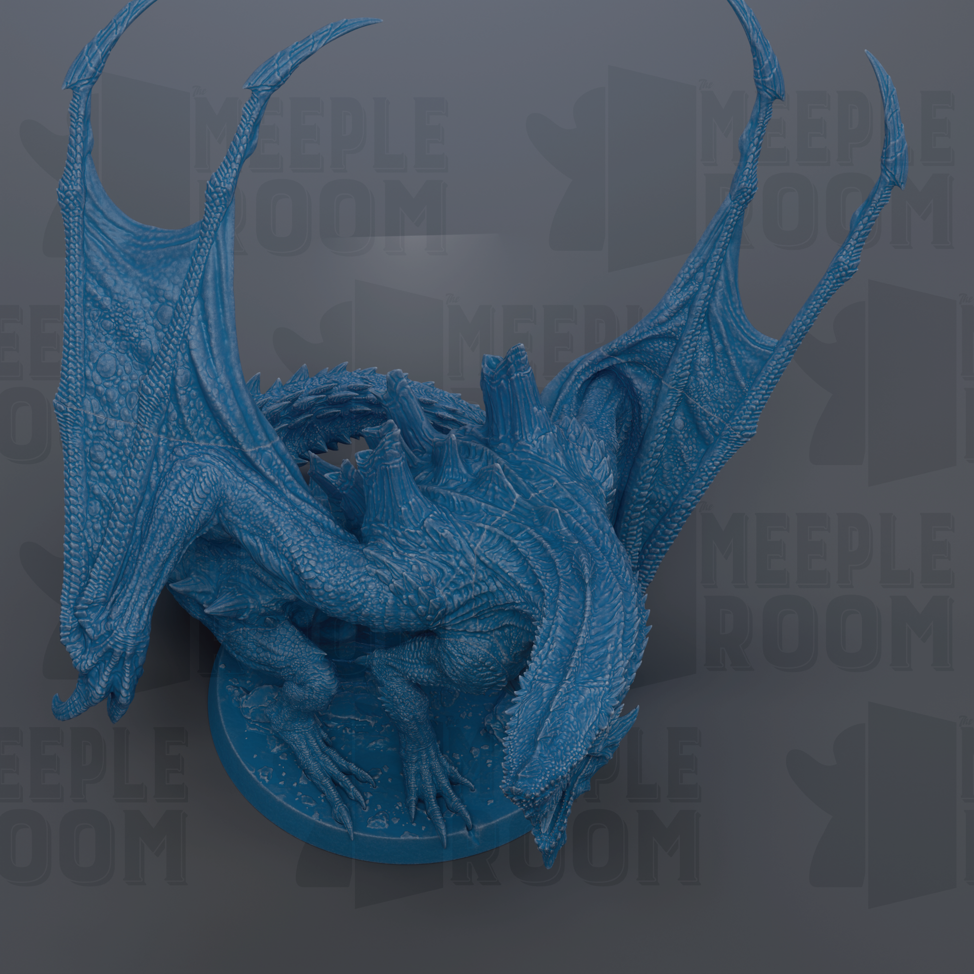 A detailed 3D rendering of a blue dragon statue, with intricate scales and wings, set against a dark background.