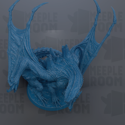A detailed 3D rendering of a blue dragon statue, with intricate scales and wings, set against a dark background.