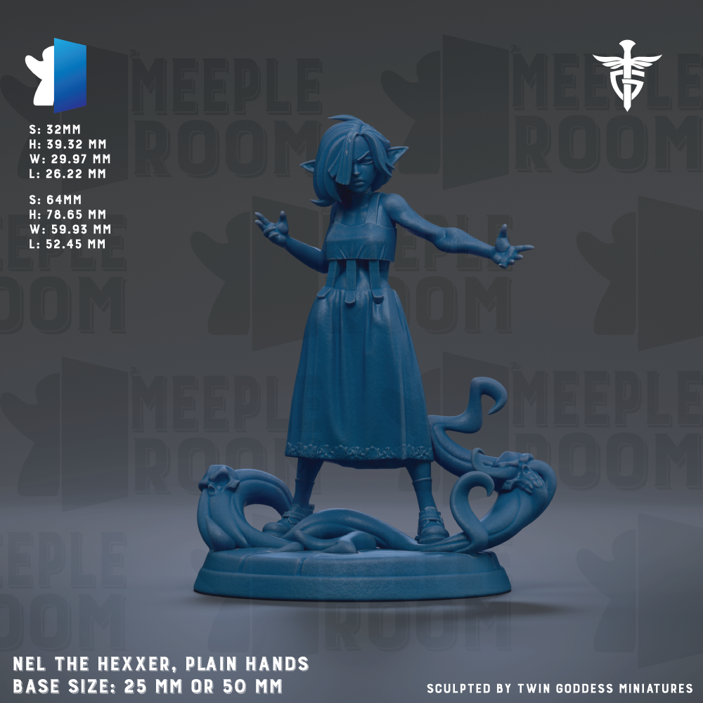The image is a 3D rendering of a female character in a blue dress, standing on a base and holding a snake. The character appears to be a hexer, a type of fantasy creature, with a sword in her hand. The image is described as a "meadow" and "meadow room" and is labeled as a "meadow room" figurine. The base size of the figurine is 25mm or 50mm.