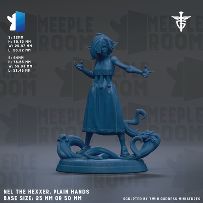 The image is a 3D rendering of a female character in a blue dress, standing on a base and holding a snake. The character appears to be a hexer, a type of fantasy creature, with a sword in her hand. The image is described as a "meadow" and "meadow room" and is labeled as a "meadow room" figurine. The base size of the figurine is 25mm or 50mm.
