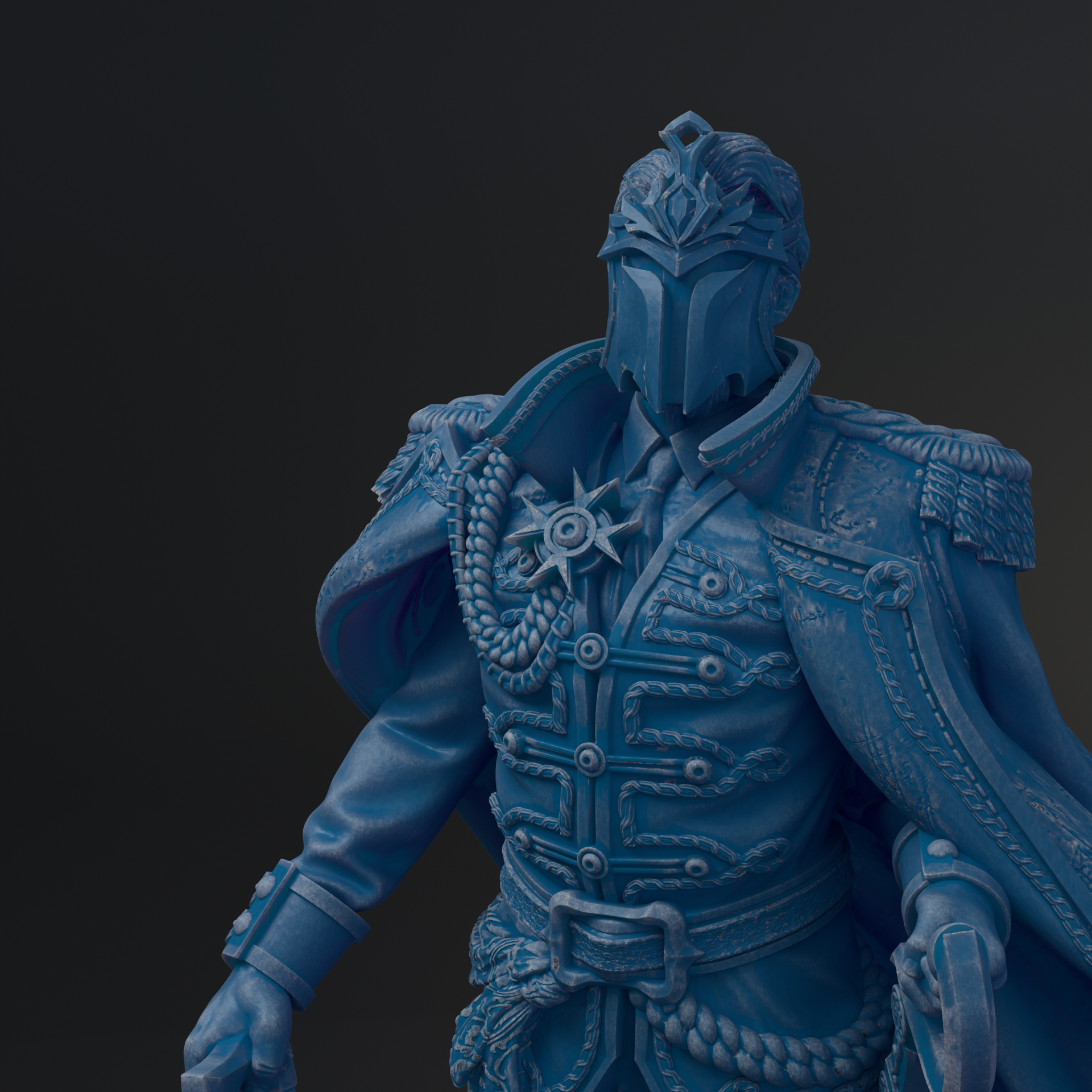 A detailed 3D rendering of a blue armored figure, possibly a knight or warrior, with intricate armor and a helmet.