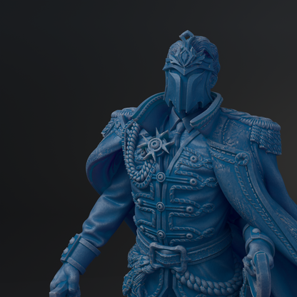 A detailed 3D rendering of a blue armored figure, possibly a knight or warrior, with intricate armor and a helmet.