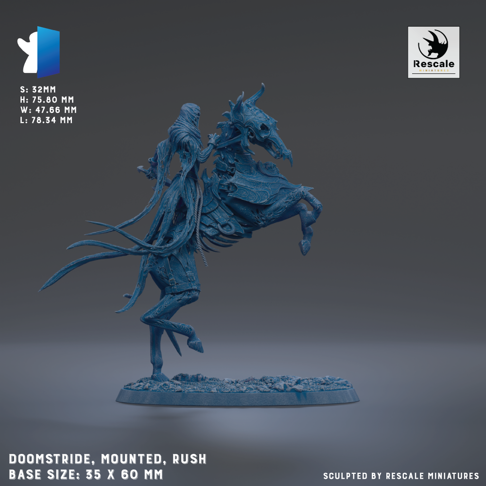 The image is a 3D rendering of a sculpted figurine of a person mounted on a horse, with the horse rearing up on its hind legs. The base size of the figurine is 35 x 60 mm.
