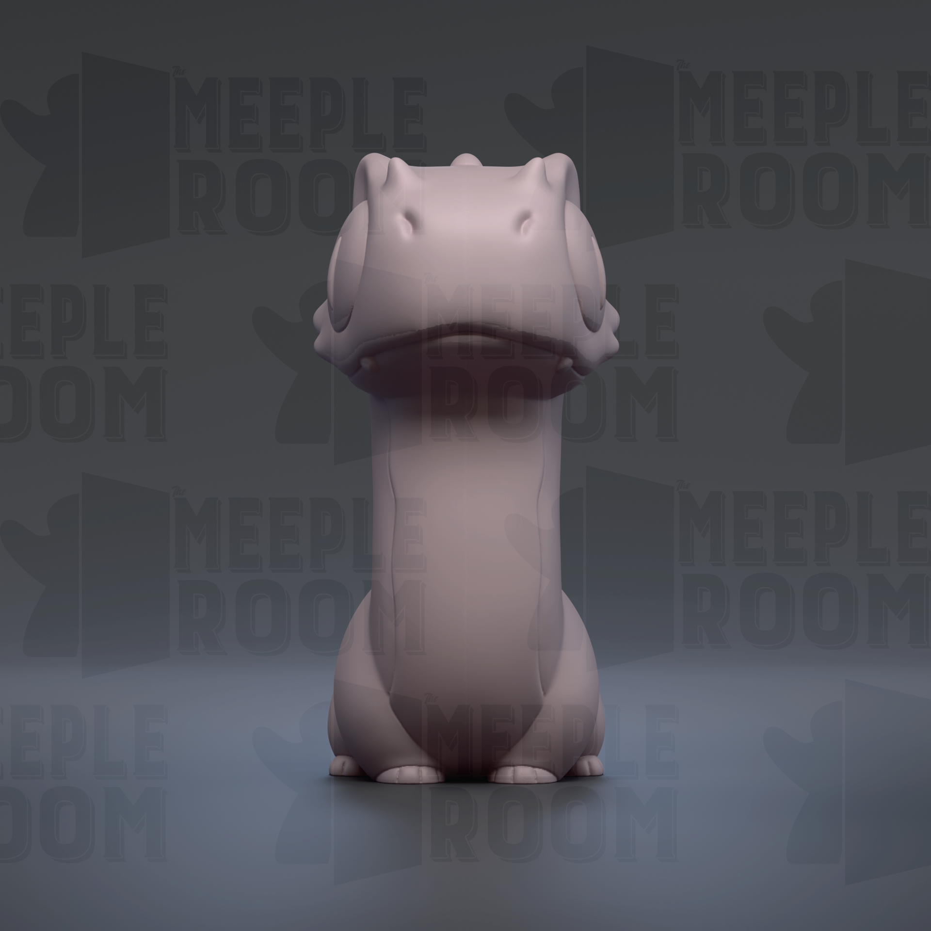 A 3D rendering of a small, light-colored, cartoonish creature resembling a frog or salamander, sitting on a gray surface against a dark background with repeated text.