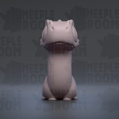 A 3D rendering of a small, light-colored, cartoonish creature resembling a frog or salamander, sitting on a gray surface against a dark background with repeated text.