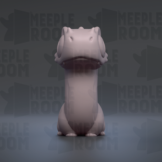 A 3D rendering of a small, light-colored, cartoonish creature resembling a frog or salamander, sitting on a gray surface against a dark background with repeated text.