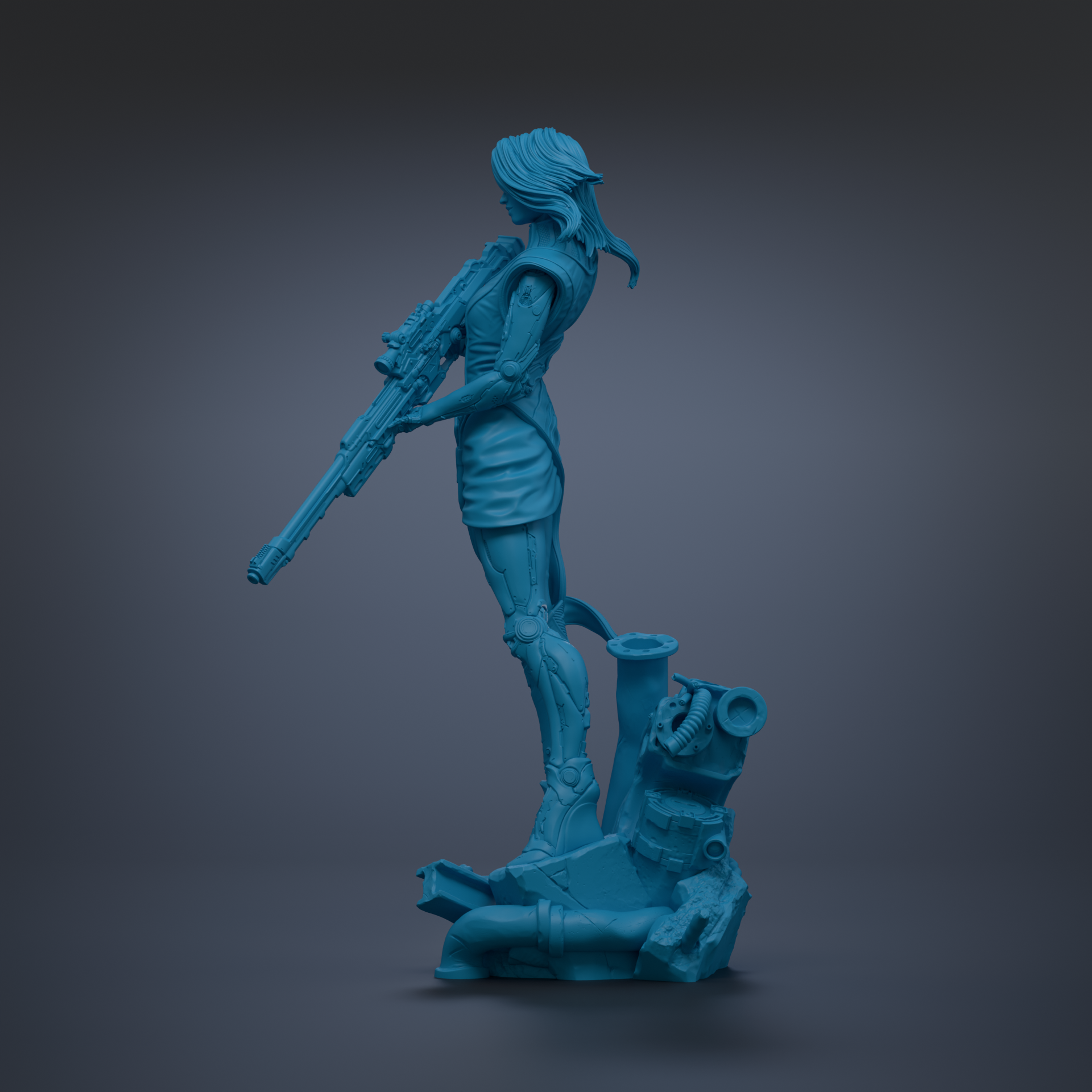 A blue 3D model of a female character holding a gun, standing on a platform with various mechanical and industrial-looking elements.