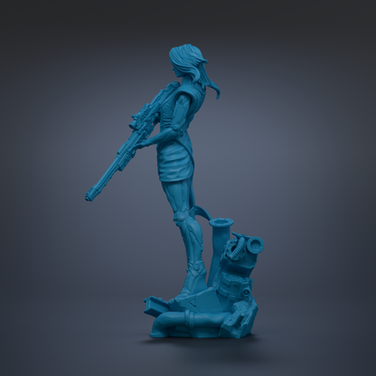 A blue 3D model of a female character holding a gun, standing on a platform with various mechanical and industrial-looking elements.