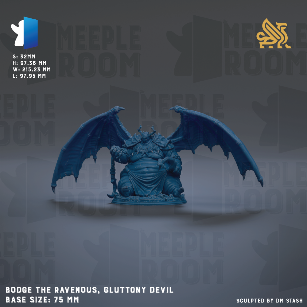a large, blue, winged creature with a round body and a long neck, resembling a mythical or fantastical creature. The creature is sitting on a pedestal and has a long staff in its hand. The creature is set against a dark background with the text "MEEPLE ROOM" repeated multiple times. The image is described as a "base size: 75 mm" and is "sculpted by dm stash".