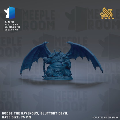 a large, blue, winged creature with a round body and a long neck, resembling a mythical or fantastical creature. The creature is sitting on a pedestal and has a long staff in its hand. The creature is set against a dark background with the text "MEEPLE ROOM" repeated multiple times. The image is described as a "base size: 75 mm" and is "sculpted by dm stash".