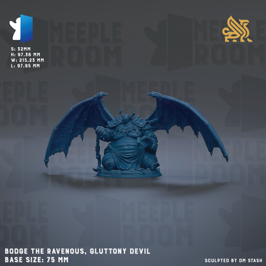 a large, blue, winged creature with a round body and a long neck, resembling a mythical or fantastical creature. The creature is sitting on a pedestal and has a long staff in its hand. The creature is set against a dark background with the text "MEEPLE ROOM" repeated multiple times. The image is described as a "base size: 75 mm" and is "sculpted by dm stash".
